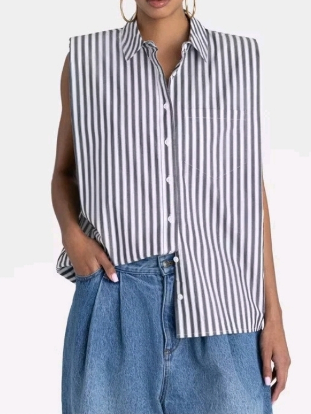 Sleeveless Shoulder Pad Striped Shirt